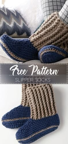 two crocheted slippers sitting on top of a bed with text overlay reading free pattern slipper socks