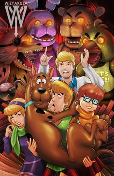 an animated movie poster for the adventures of scooby's, featuring three children and