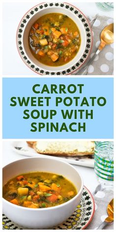 carrot sweet potato soup with spinach in a white bowl on a black and white plate