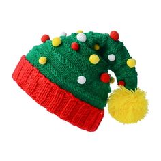 a green and red knitted hat with pom - poms