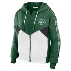 The Women's WEAR by Erin Andrews Green/White New York Jets Plus Size Color Block Full-Zip Hoodie is the perfect way to show your support for the New York Jets. This midweight hoodie is made of a soft cotton and polyester blend, and features a fleece lining for added warmth. The screen print graphics and sewn-on stripes with sublimated graphics proudly display your New York Jets pride, while the drop shoulders and two side pockets provide a comfortable and stylish fit. Whether you're cheering on the Jets from the stands or just relaxing at home, this hoodie is sure to keep you warm and comfortable. Erin Andrews, The Jets, Hoodie Green, Women's Wear, New York Jets, Full Zip Hoodie, Lightweight Hoodie, Free Shopping, Zip Hoodie