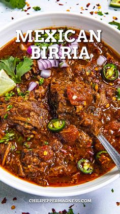 Mexican Birria in a big bowl Mexican Birria Recipe, Mexican Birria, Birria Recipe, Meat Stew, Dinner Menu Ideas, Thanksgiving Dinner Menu, Taco Pasta, Taco Pizza