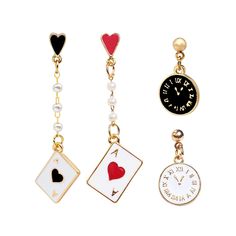 PRICES MAY VARY. 【Unique Style Infused with Poker Culture】These poker earrings bring together red clocks, heart A, black clocks, and spade A. It is based on the pocket watch of Mr. rabbit and the card of Queen of hearts in Alice's Adventures in Wonderland, creating a unique design. More than just accessories, these earrings interpret poker culture seamlessly into your everyday fashion. 【Mix and Match Versatility】Unlock countless style possibilities with four carefully curated mix-and-match combi Red Heart-shaped Novelty Jewelry, Valentine's Day Novelty Dangle Earrings, Valentine's Day Novelty Dangle Jewelry, Novelty Jewelry For Valentine's Day Party, Poker Earrings, Itsuka Kendo, Queen Of Heart, Descendants Dr, Red Clock