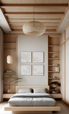 a bed sitting under a wooden ceiling in a bedroom