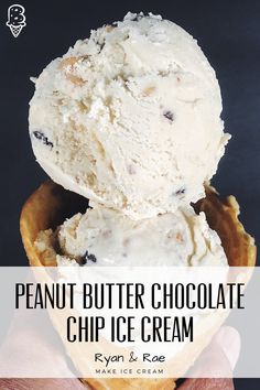 two scoops of peanut butter chocolate chip ice cream on top of an ice cream cone