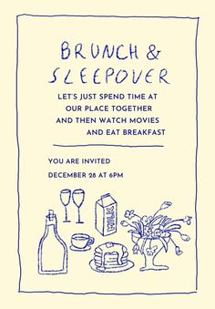 a flyer for a brunch and sleepover event with blue ink on white paper