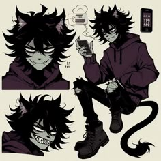 an anime character with black hair and demonish eyes, holding a cell phone in his hand