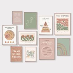 a collection of greeting cards with different designs and words on them, all in pastel colors