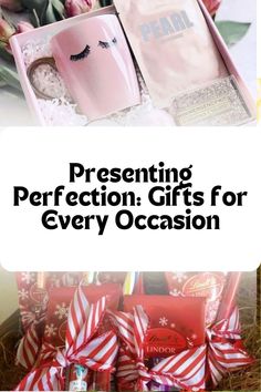 a pink box filled with lots of different types of items and text that reads presenting perfect gifts for every occasion