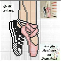 a cross stitch pattern for a woman's foot with pink and black shoes on it