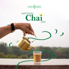 a person pouring tea into a glass with the words national chai day