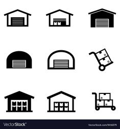 black and white icon set of garages, buildings and other items stock photo - image