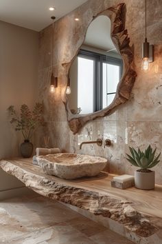 a bathroom with a stone sink and large mirror on the wall next to a potted succulent plant