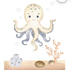 an octopus is swimming in the ocean with other sea creatures around him and under it