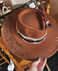 Burned hats are the new trend, so keep your style updated with one of our unique burned hats! These are perfect for any occasion and gift! Our one of a kind burned western rancher hats sell quickly. If you see one you like, don't wait!!!! All hats are adjustable ****ALL SALES ARE FINAL ON RANCHER HATS**** Rustic Top Hat With Flat Brim For Country Events, Rustic Festival Hat Bands For Short Brim Hats, Rustic Flat Brim Hat For Rodeo, Rustic Flat Crown Hats For Country Events, Rustic Hats For Rodeo, Rustic Rodeo Hat, Bohemian Felt Hat For Western-themed Fall Events, Rustic Flat Crown Hat For Rodeo, Rustic Wide Brim Top Hat For Rodeo