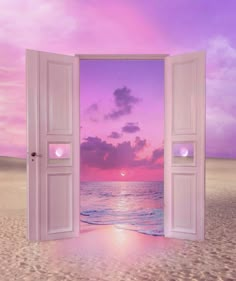 an open door leading to the ocean at sunset with pink and purple clouds in the background