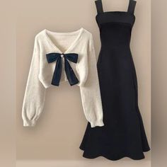 Autumn Winter Fashion Short Knitting Sweater+Suspender Dress Two-Piece Korean Elegant Bow Cardigan Sexy Fishtail Skirt Set Short Dress With Cardigan, Bow Skirt Outfit, Korean Business Fashion, Korean Style Winter, Modest Winter Outfits, Fashion 40s, Bow Cardigan, Bow Skirt, Cute Short Dresses