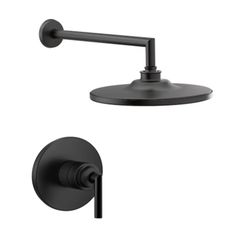 the shower faucet is shown with an arm and hand shower head in matte black