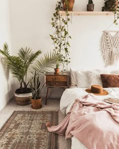 a bedroom with potted plants on the wall and a rug in the floor next to it