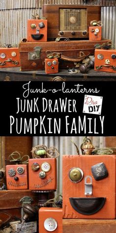 junk drawer pumpkins are stacked on top of each other with the title junk drawer pumpkin family