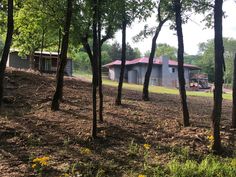 a house in the woods with lots of trees and dirt on the ground next to it