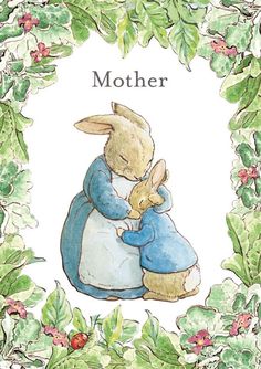 an illustration of a bunny hugging a rabbit in front of holly wreaths with the words mama on it