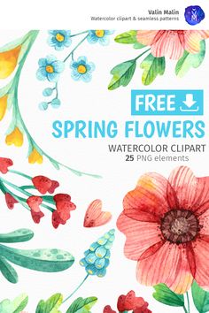 watercolor flower clipart with the text free spring flowers