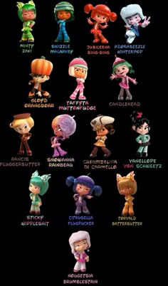 an image of cartoon characters with names in different colors and sizes, all on black background