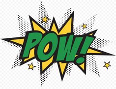 the word pow is written in green and yellow with stars around it, on a white background