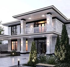 this is an artist's rendering of a modern house in the evening time with lights on