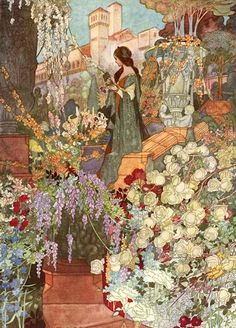 a painting of a woman in a garden surrounded by flowers