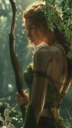 a woman holding a bow in the woods