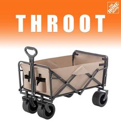 a wagon with wheels is shown in front of an orange and white background that says,'throot '