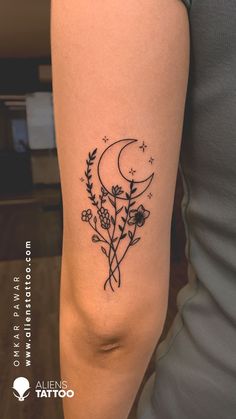 Floral crescent moon tattoo at aliens tattoo studio. Matching Floral Tattoos For Best Friends, Inner Forearm Tattoos For Women Simple, Front Of Forearm Tattoo Women, May Taurus Tattoo, Women Sticker Sleeve Tattoo, Back Upper Arm Tattoos For Women, Arm Tattoos For Women With Color, Flower And Stars Tattoo Designs, Simple Tattoo Sleeves For Women