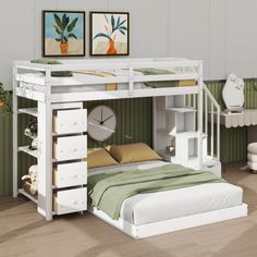 a white bunk bed with drawers underneath it and a clock on the wall next to it