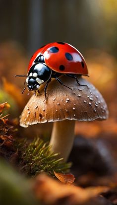 a lady bug sitting on top of a mushroom