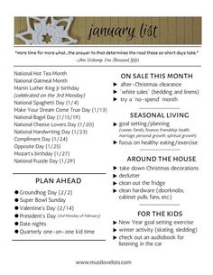 the january list is shown in this printable version, which includes information for each month