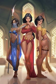 three beautiful women in bikinis standing next to each other with swords and shields on their heads