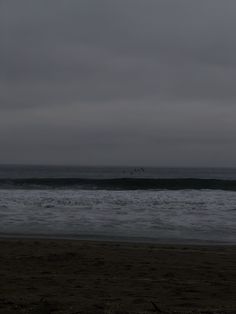 birds flying over the ocean on an overcast day with dark clouds and water in the background