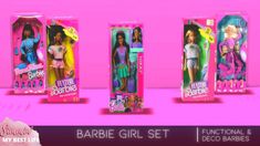 three barbie doll packagings are shown in pink and blue colors, with the same image on