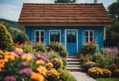 a blue house surrounded by colorful flowers and greenery