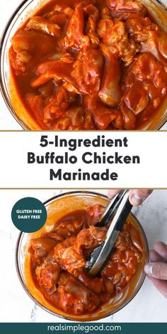 the recipe for 5 ingredient buffalo chicken marinade is shown in two separate bowls, one with