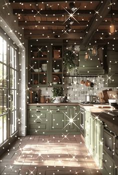 a kitchen with green cabinets and white stars on the ceiling, along with lights that look like snowflakes