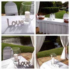 the table is set up for a wedding reception with candles and napkins on it