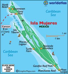 a map of the island of la mujerres in mexico with major cities and rivers