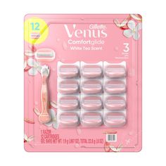 VENUS WHITE TEA CARTS 12CT HANDLE | Gillette Venus ComfortGlide White Tea Women's Razor Handle with 12 Blade Refills, 12.21"L x 1.46"W x 10.43"H