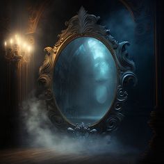 an oval mirror in the middle of a dark room with fog coming from behind it