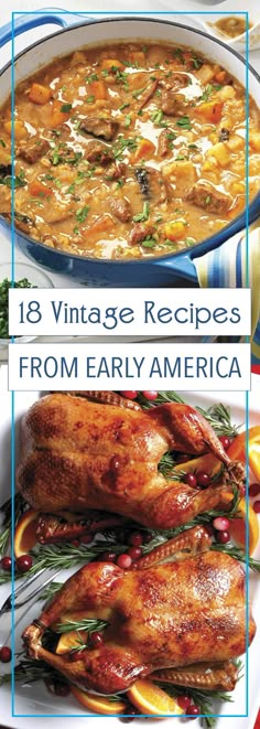 the cover of an old - fashioned recipe book with three pictures of chicken and vegetables