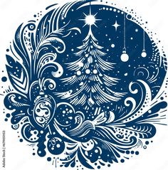 a blue christmas tree with snowflakes and stars on it in the night sky