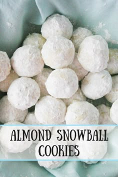 almond snowball cookies in a blue bag with the words almond snowball cookies above it